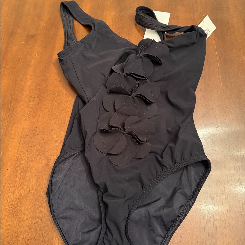 Black One-Piece Swimsuit with Front Petal Detail